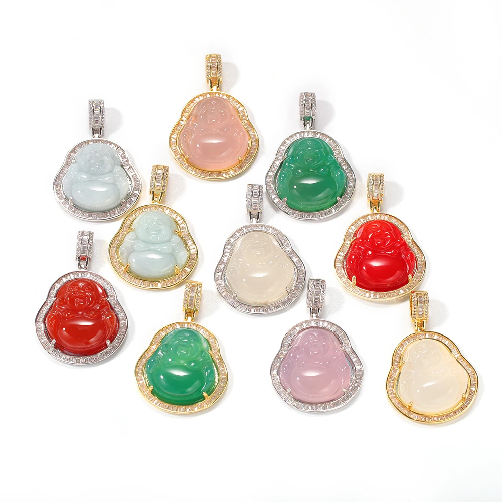 

Top Icy Instagram jewelry wholesale natural Sterling Silver gold plated Maitreya agate ladies pink jade buddha pendant necklace