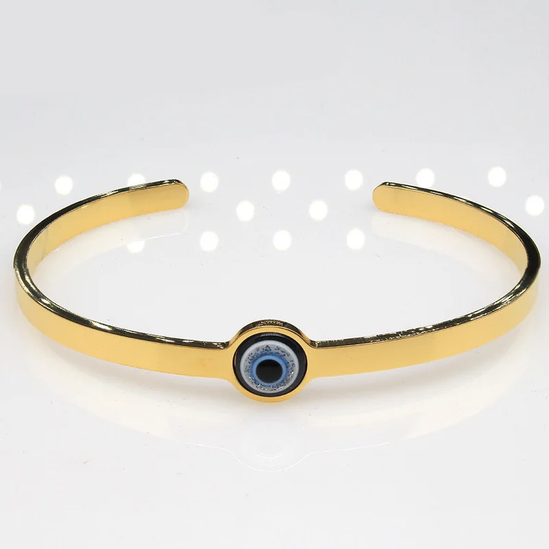 

Trendy Jewelry Real Gold Plated C Shape Evil Eyes Bracelet Open Adjustable Stainless Steel Turkish Blue Eyes Bracelet Bangles, Picture shows