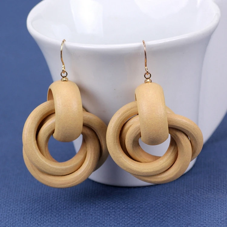 

Vintage 6 Colors Female Accessories Ethnic Circles Knot Spiral Wood Drop Earrings For Women, As shown