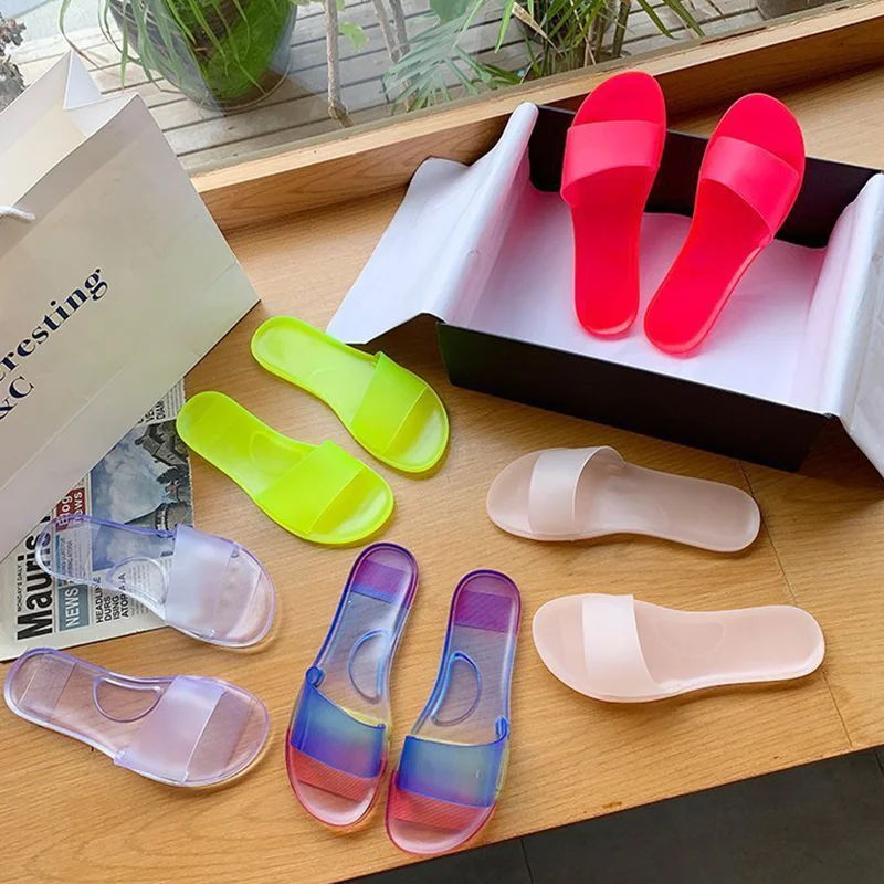 

RTS Summer New Style Lady Bathroom Shower Sandals Clear Solid Jelly Flat Fruit Slippers