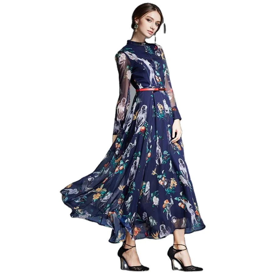 

T-D058 Fancy High Waist Printed Chiffon Long Sleeve Maxi Long Women Casual Dresses, Black,white,blue(other colors can be customized)