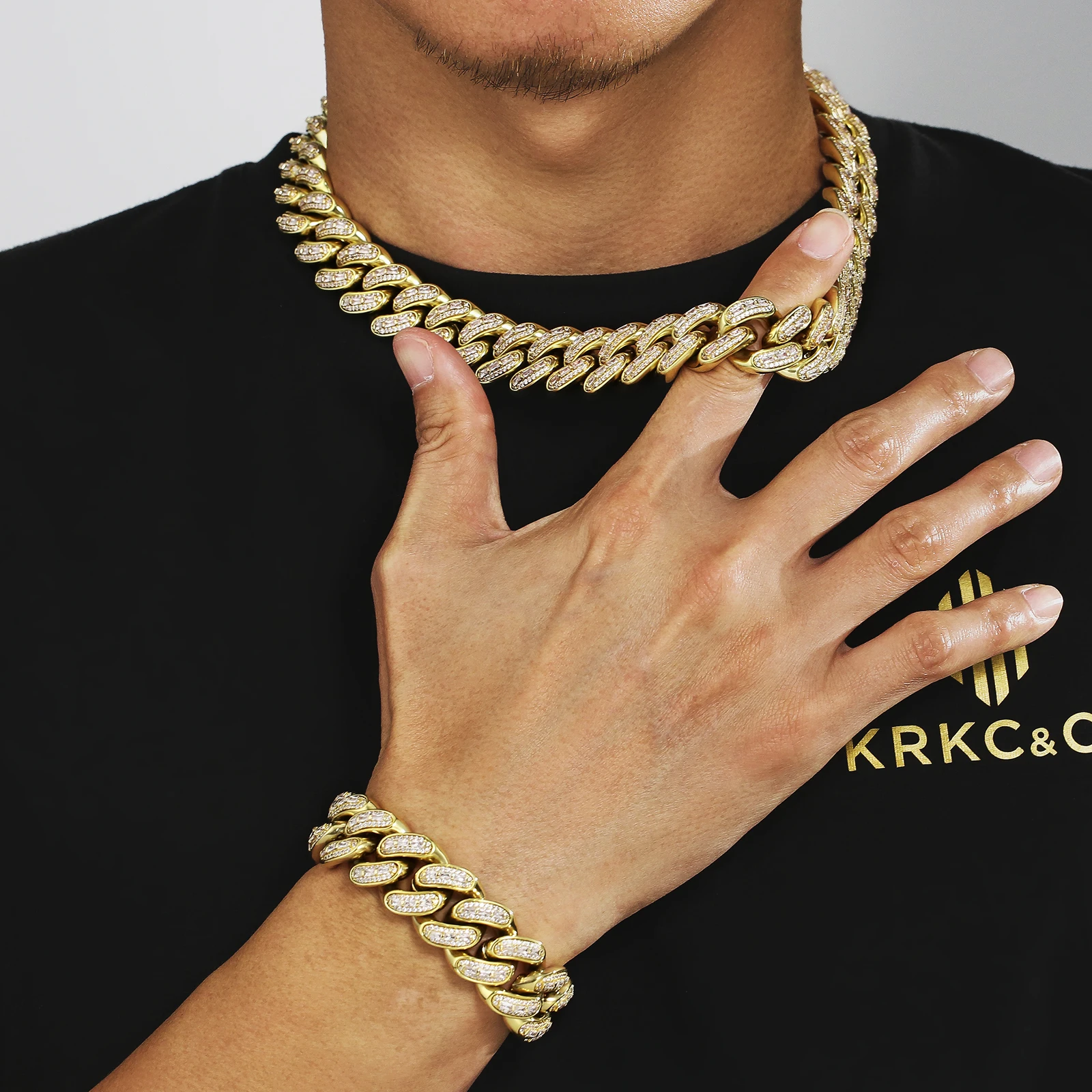 

KRKC Hip Hop Jewelry  Stainless Steel Gold Plated Cuban chain Necklace Bracelet Diamond Iced Out Cuban Link Chain for Men