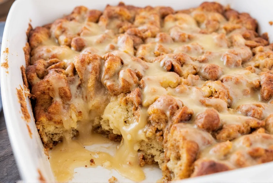 Finished cinnamon roll dump cake with melted icing drizzle, served warm in baking dish with visible gooey layers and cinnamon swirls