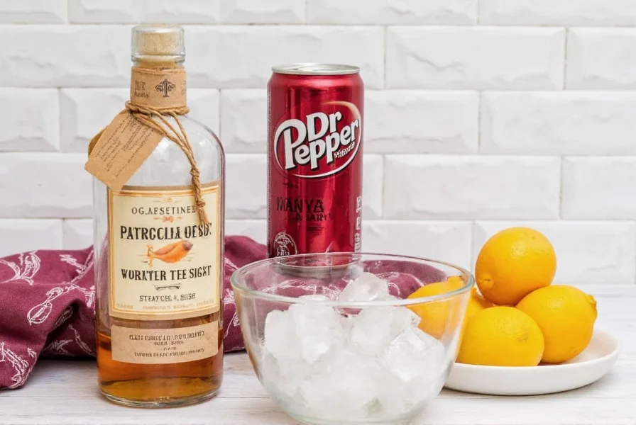 Bourbon and Dr Pepper cocktail ingredients including bourbon bottle, Dr Pepper can, ice cubes, and citrus garnish