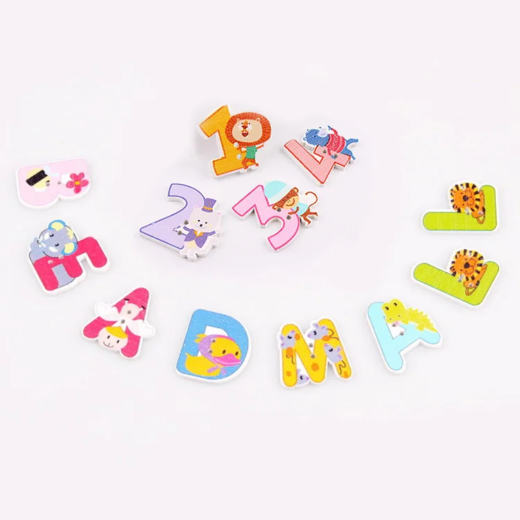 

hot sale A-Z 0-9 design 2 hole printed cartoon animal figure number enligh alphabet design wood buttons for crafts