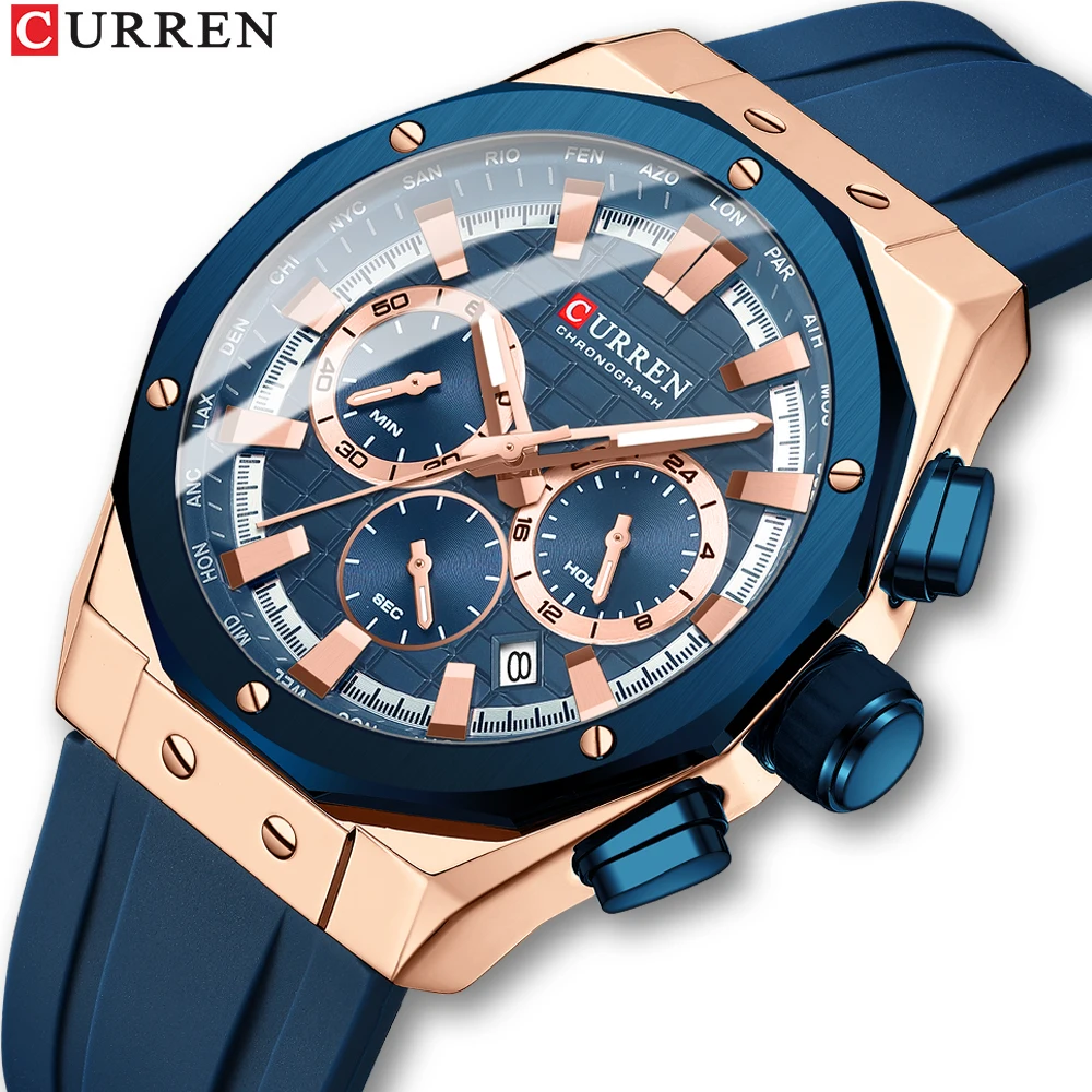 CURREN 8464 Watch Men Fashion Multifunctional Chronograph Quartz Watches Mens Silicone Strap Creative Design Dial Luminous Clock