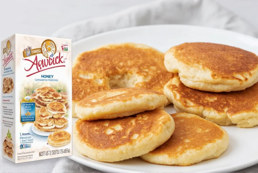 Simple Mills Honey Cinnamon pancake mix box next to prepared pancakes showing golden brown color and texture