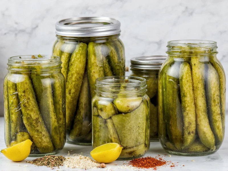 Variety of homemade dill pickle jars with different spices