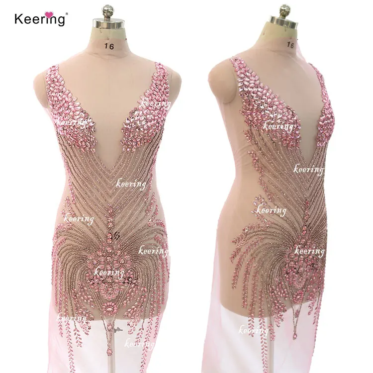 

WDP-066 Keering Pink And Blue Patches Panel Lace Fabric Front And Back Rhinestone Bodice Wedding Applique Sewing, Silver and nude mesh