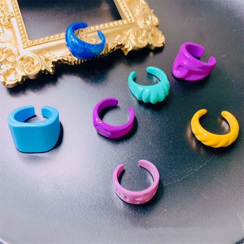 

Girls Cute Summer Ring Blue Pink Purple Yellow Color Resin Chunky Colorful Knuckle Ring for Women