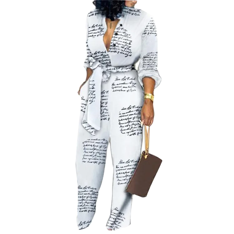 

Women's Long Sleeve V Neck Letter Print Belt Casual Jumpsuit