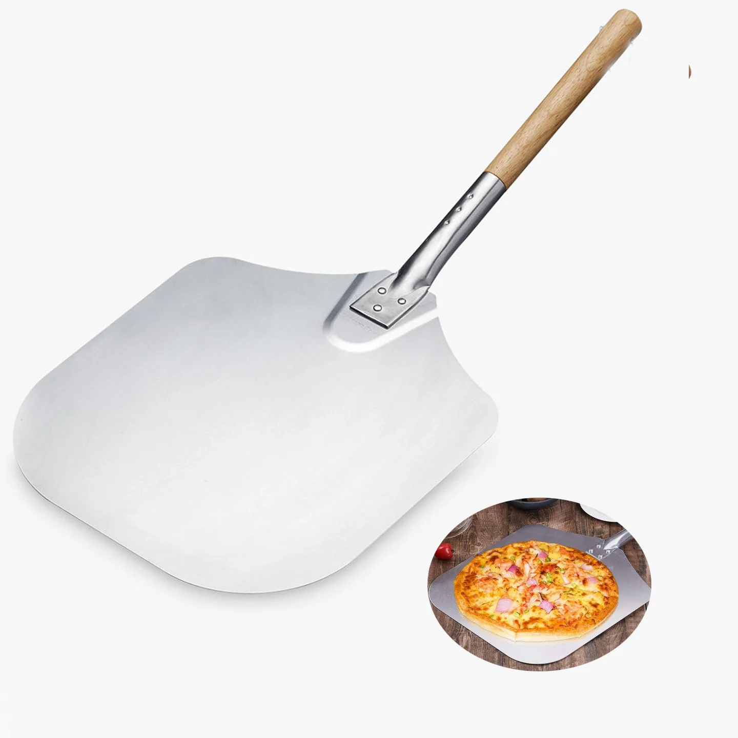 

Wholesale 2021 Kitchen Tool Pancake Transfer Wooden Handle Aluminum Pizza Peel Shovel, Silver