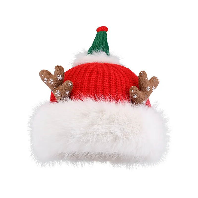 Cute Reindeer Antler Crochet Hat Winter Warm Knitted Antler Caps Christmas Beanie With Plush Brim