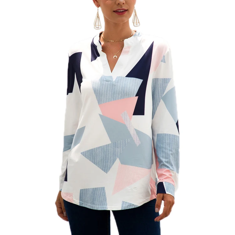 2019 New Women Tops Fashion Geometric Print V-neck Long Sleeves Casual Women Blouse