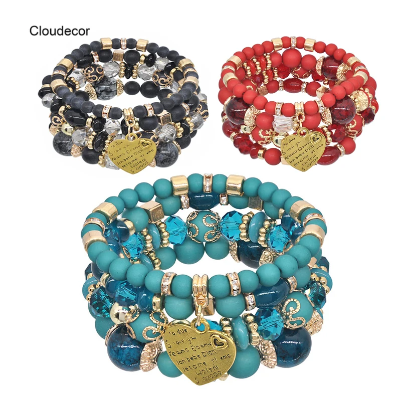

Bohemian Style Crystal Colorful Plastic Beads Stack Bracelet Women Multi-Layered Matte Beaded Bracelet Set With Heart Charms