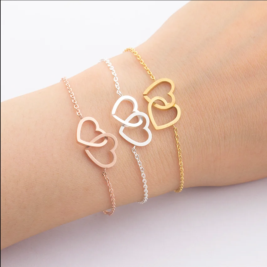 

Double Heart Charm Bracelet For Women Rose Gold Pulsera Jewelry Stainless Steel Chain Armbanden Bijoux Femme Bridesmaid Gifts, Rose gold/gold/platinum