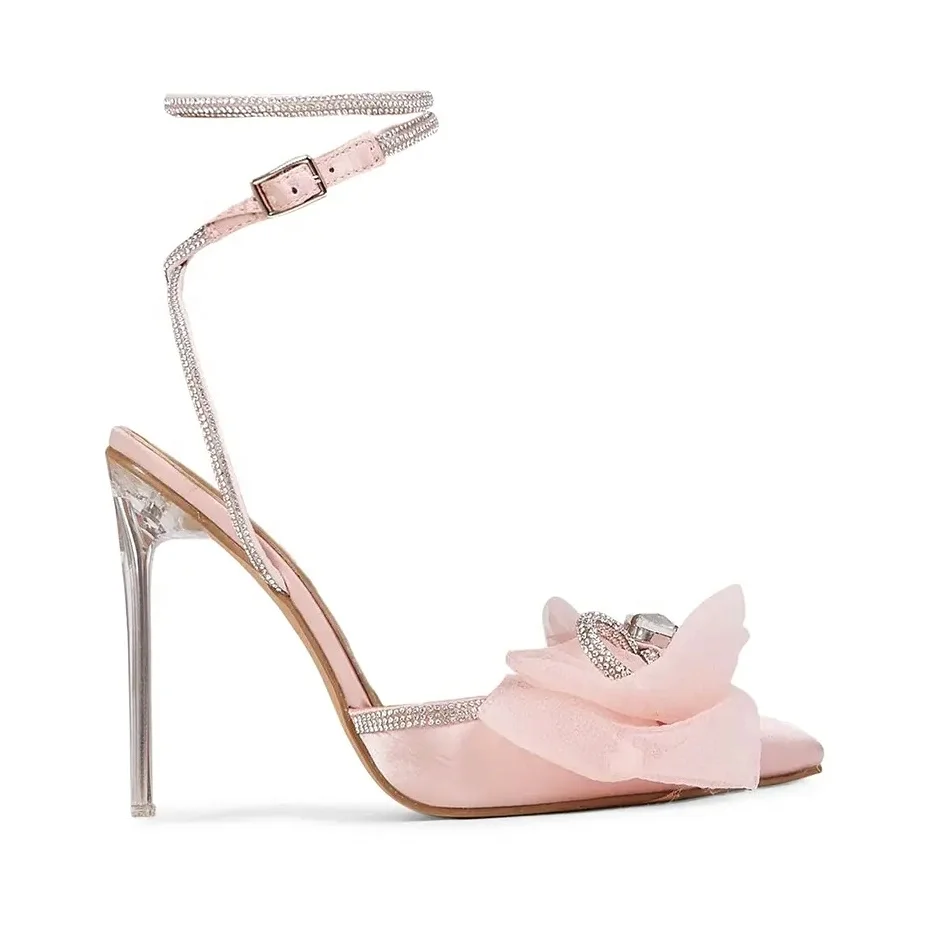 

New Design Women Diamante Bow Heels Shoes Clear Heel Satin Women Pumps, Pin black blue clear