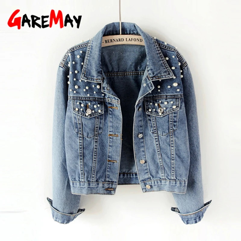 

GareMay Vintage Pearl Beading Short Denim Jackets Women blue Wash Long Sleeve Plus Size Casual Jean Jacket Bomber Denim Coat