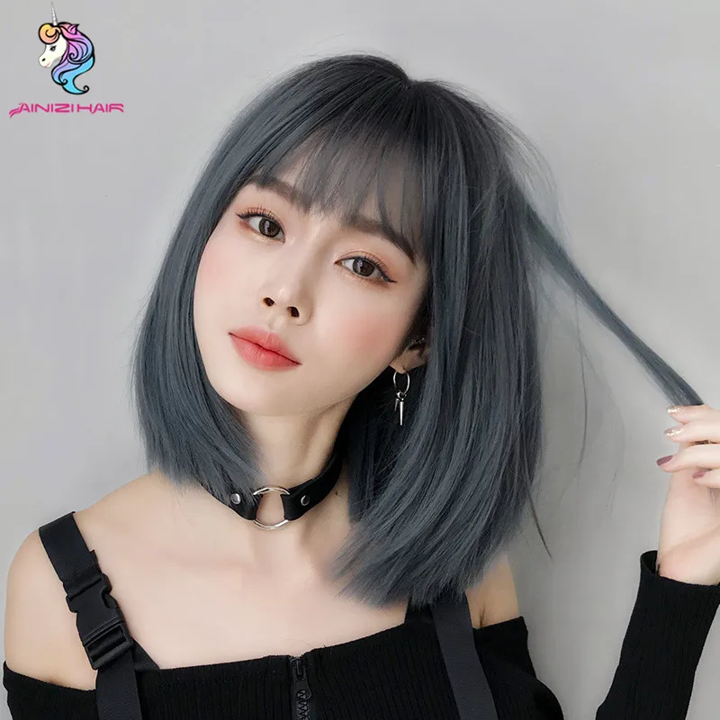 

Ainizi wholesale high quality 14 inch fashion Asian female color synthetic short bob straight hair wigs with bangs for women, Photo color