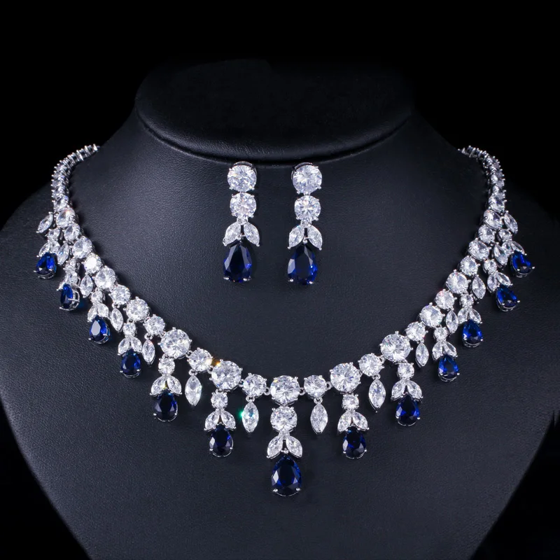 Luxury Dark Blue Women Wedding Party Dress Jewellery Big Dangle Drop Bridal CZ Necklace Earrings Jewelry Sets