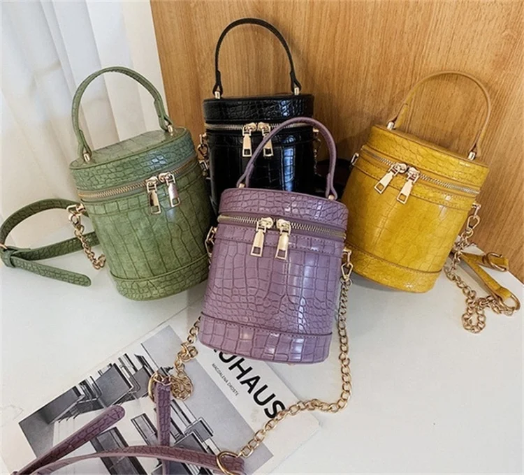 

2021 Trendy Unique Designer Girls Crossbody Shoulder Beach Bucket Hand Bag Purse Chain Cylinder Handbag, Yellow, purple , green , black