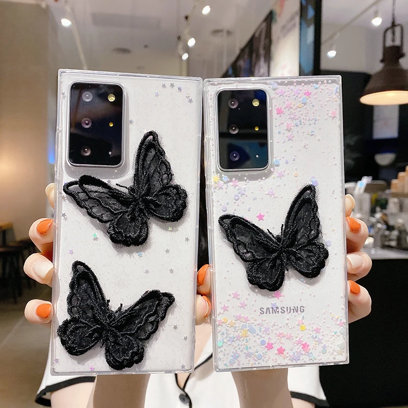 

Embroidery Lace Butterfly Phone Cases For Samsung Note 20 10 9 8 Galaxy S20 S10 S9 Plus A51 A71 Glitter Sequins Clear Soft Cover, Same as showed picture