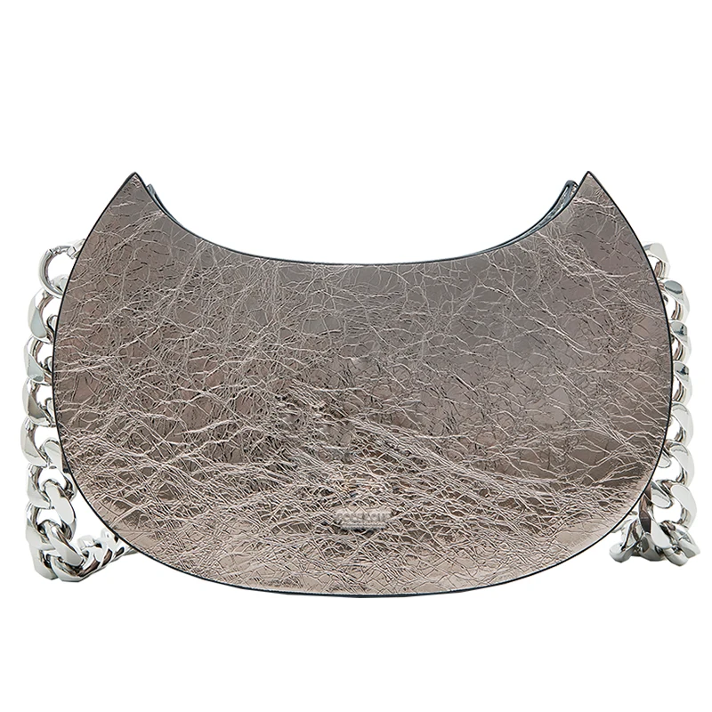 

new natural high-quality first layer cowhide lady underarm bags fashion moon bag punk chain lady shoulder bag