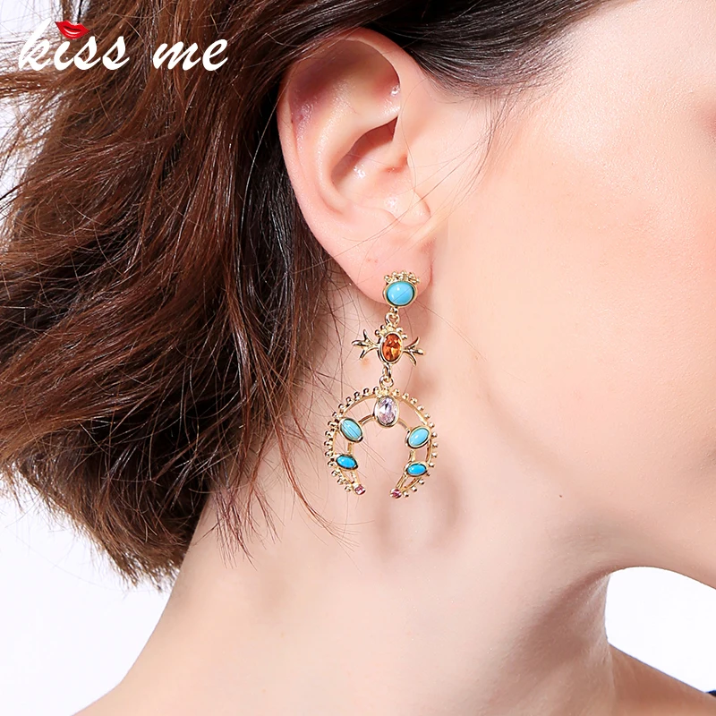 

ed01782c Online Store Ladies Gem Moon Shape Blue Stone Earings Gold Jewelry Nickel Free Earrings, As picture