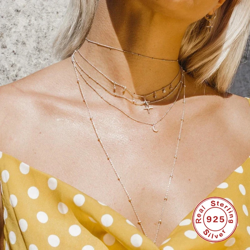 

s925 simple fashion all-match mini diamond moon beanie chain ladies necklace