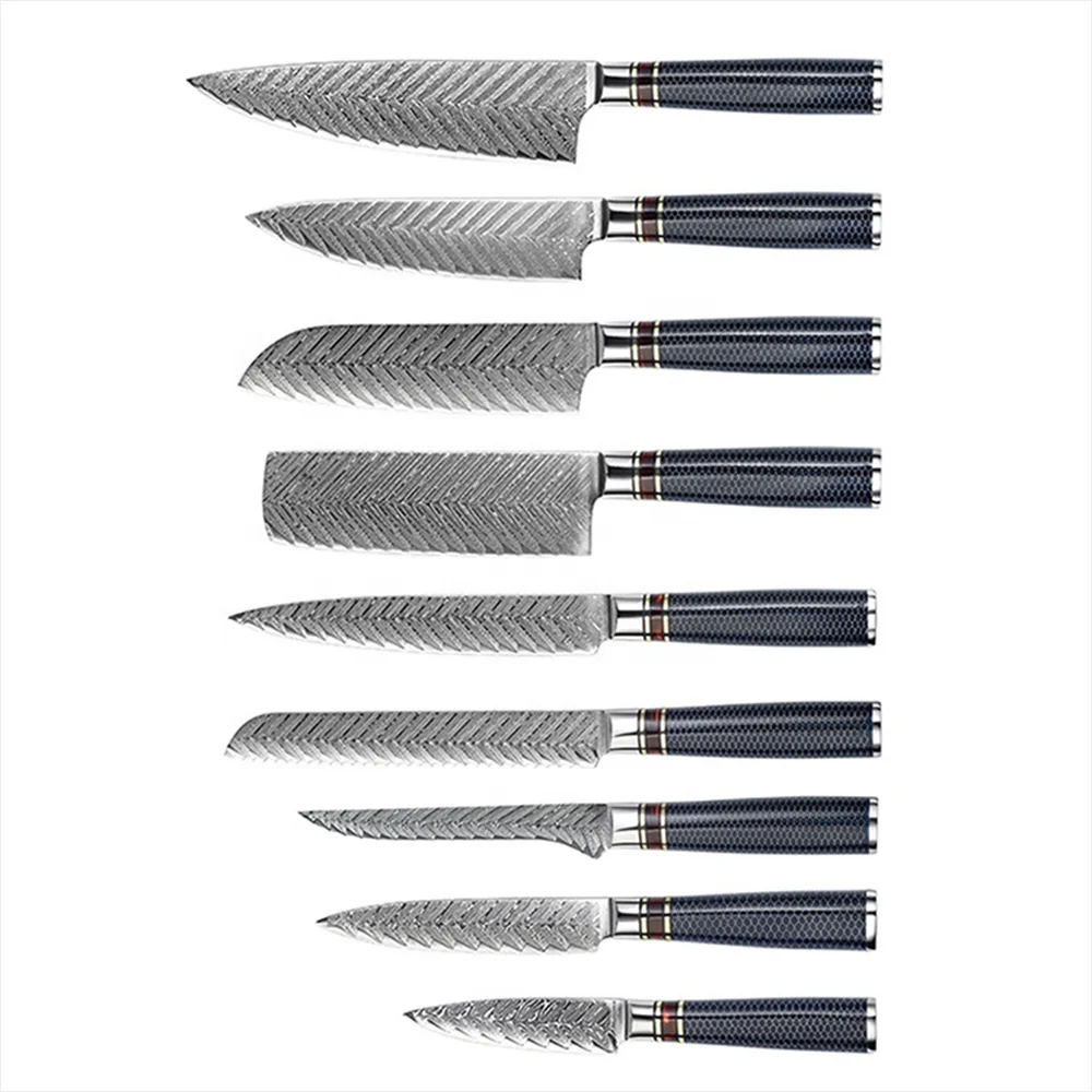 

9 pieces chef knife set damascus stainless steel knife with aluminum honeycomb colorful resin handle