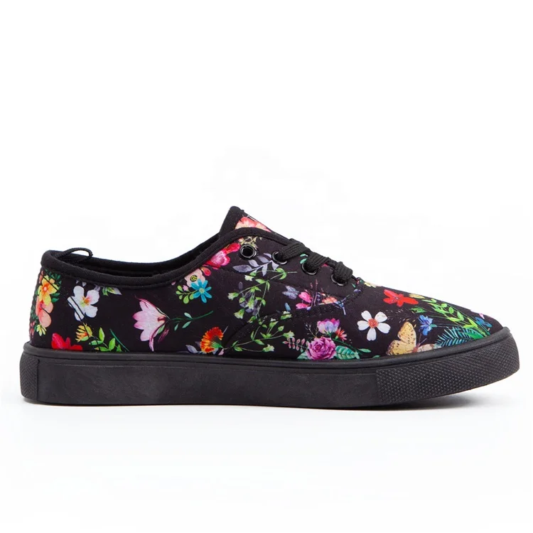 

Women Ladies Casual Flat Sneaker Shoes With Flower Print Black Sole Bottom