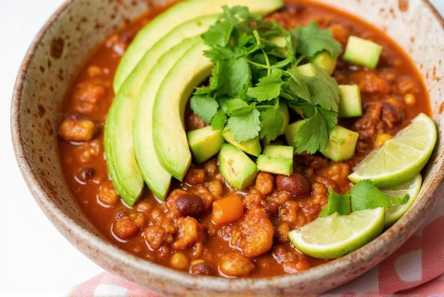 Finished bowl of spicy chicken chili recipe topped with avocado, cilantro, and lime wedges