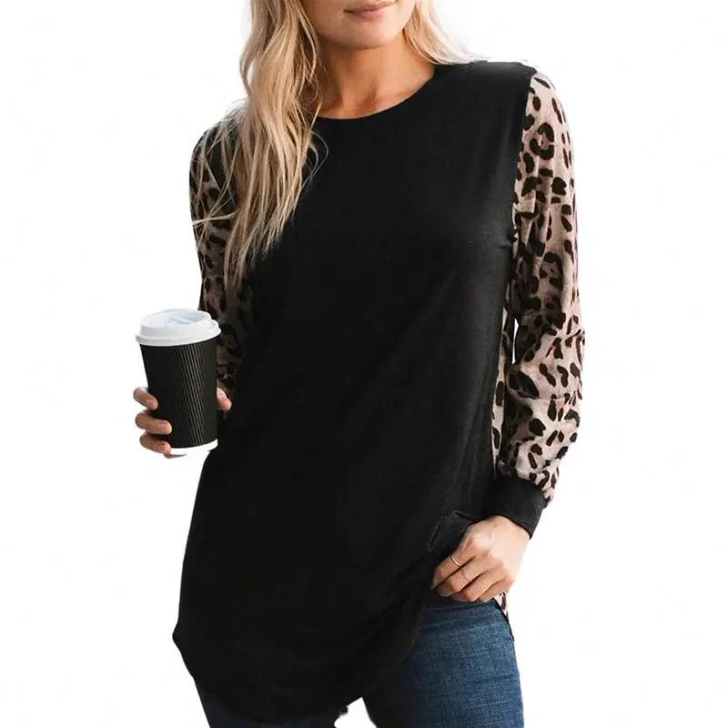 

2021 Factory Wholesale Women Black Splicing Long Sleeve Leopard Top
