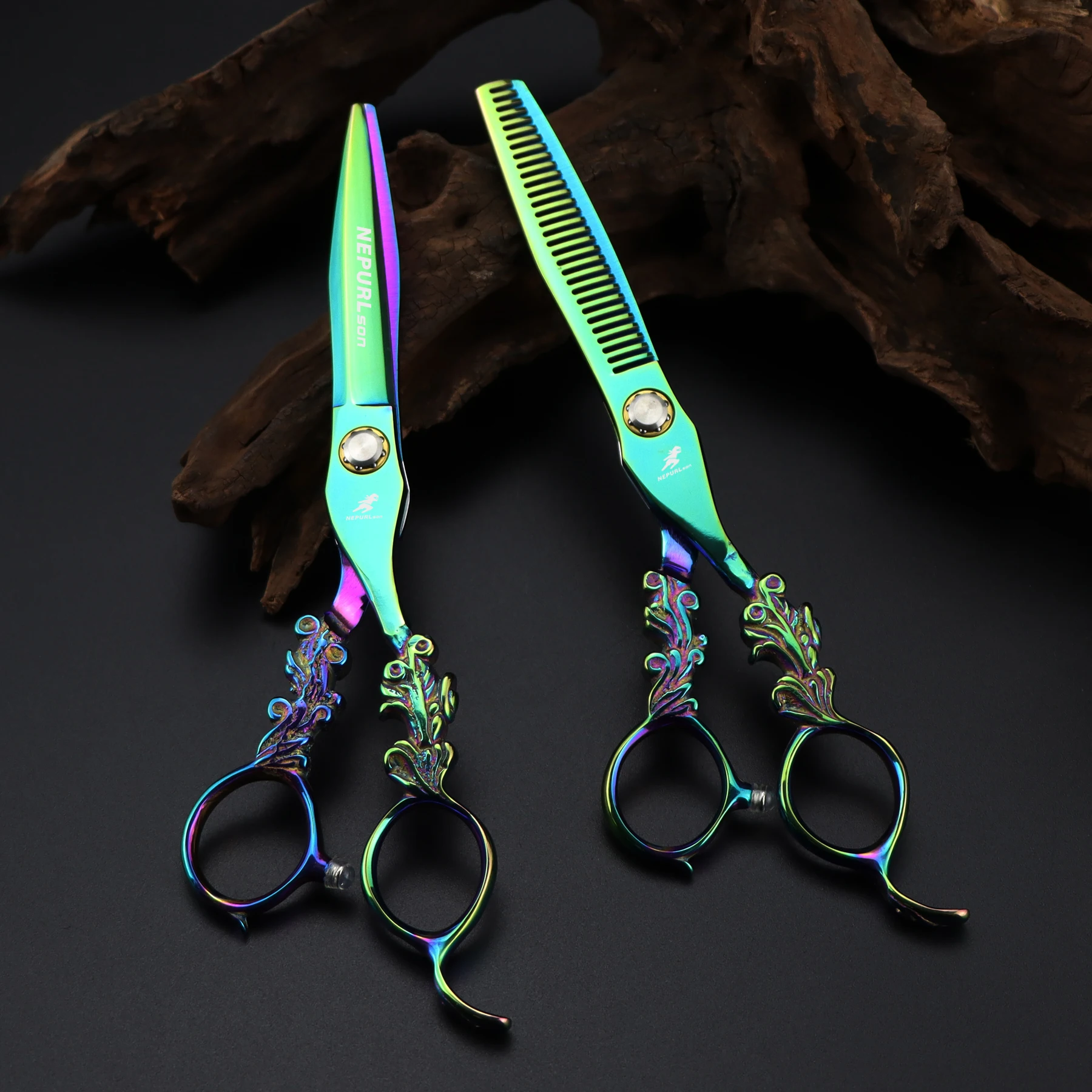 

6.0 inch NEPURLson Green pattern Dragon handle emerald fashion design beauty barber scissors flat scissors tooth Hair scissors