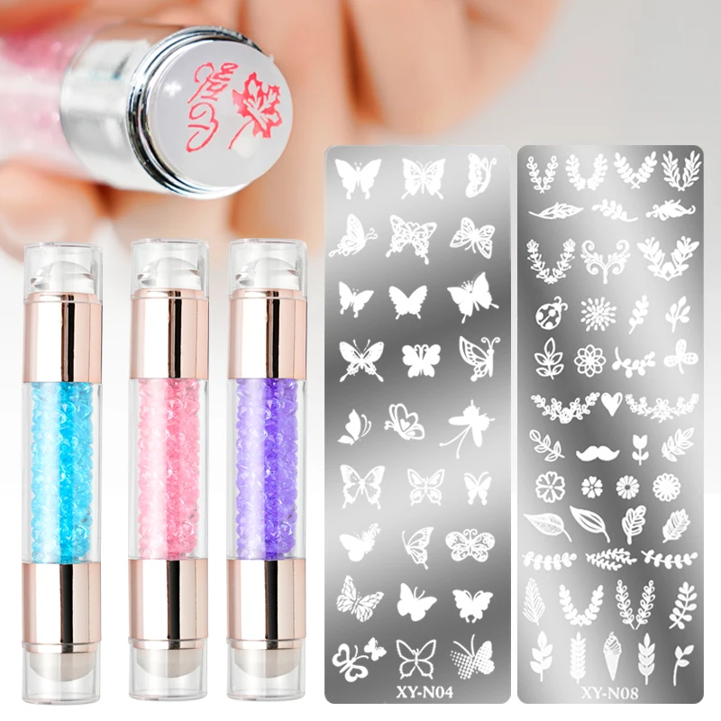 

Factory Supply Clear Milky Silicone Head Scraper Transfer Template Nail Art Stamper Kit, As picture show