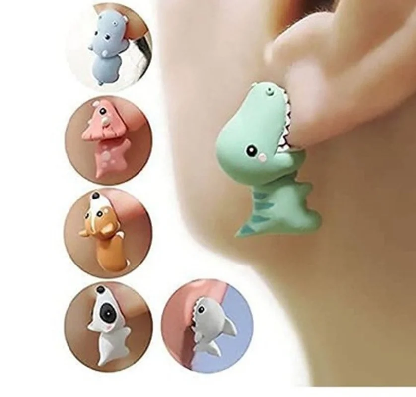 

2021 Fashion 1 pair of Cute Cartoon Soft Soil Animal Bite Clay Earrings Dinosaur Interesting Female Gift Earring