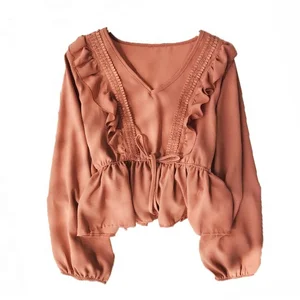 Women Drawstring Sash Ruffles Blouse V-Neck Lace Patchwork Vintage Blouse