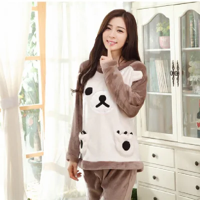 

Auutumn Winter Long Sleeve Cartoon Print Night Suit Nightwear Women Female Bear Print Sleepwear Pajamas Big Size Pijama