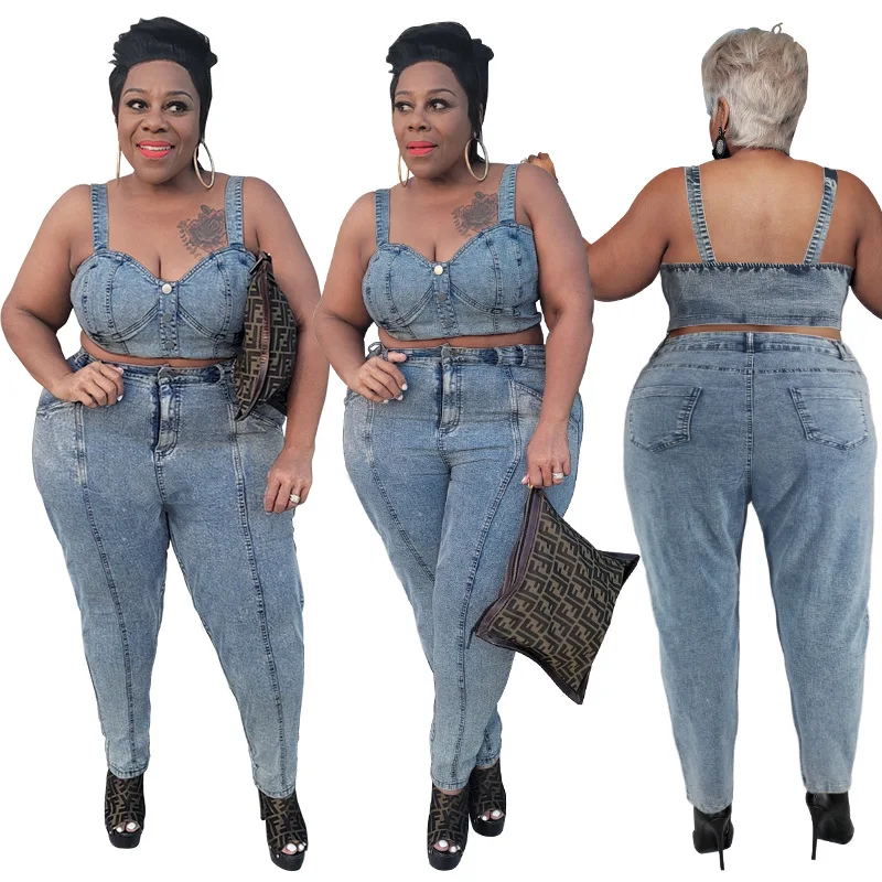 

Women Denim 2 Piece Set Outfits Summer Zipper Vest Crop Top +Jeans Long Skinny Pants Party Night Club Two Piece Sets PLUS SIZE, Gray