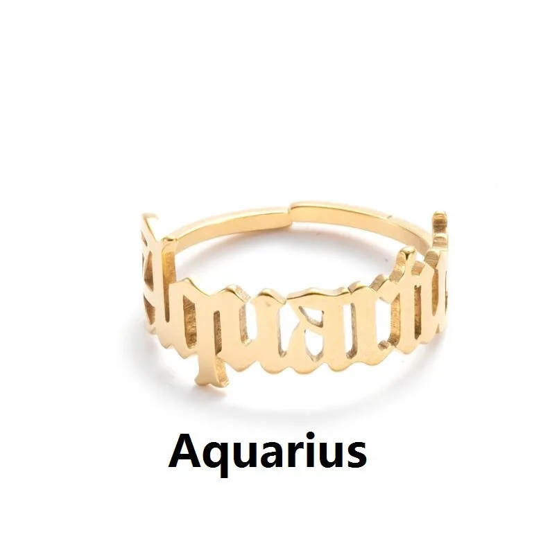 

Golden Plated Stainless Steel 12 Zodiac Sign Constellation Adjust Ring, Silver, gold