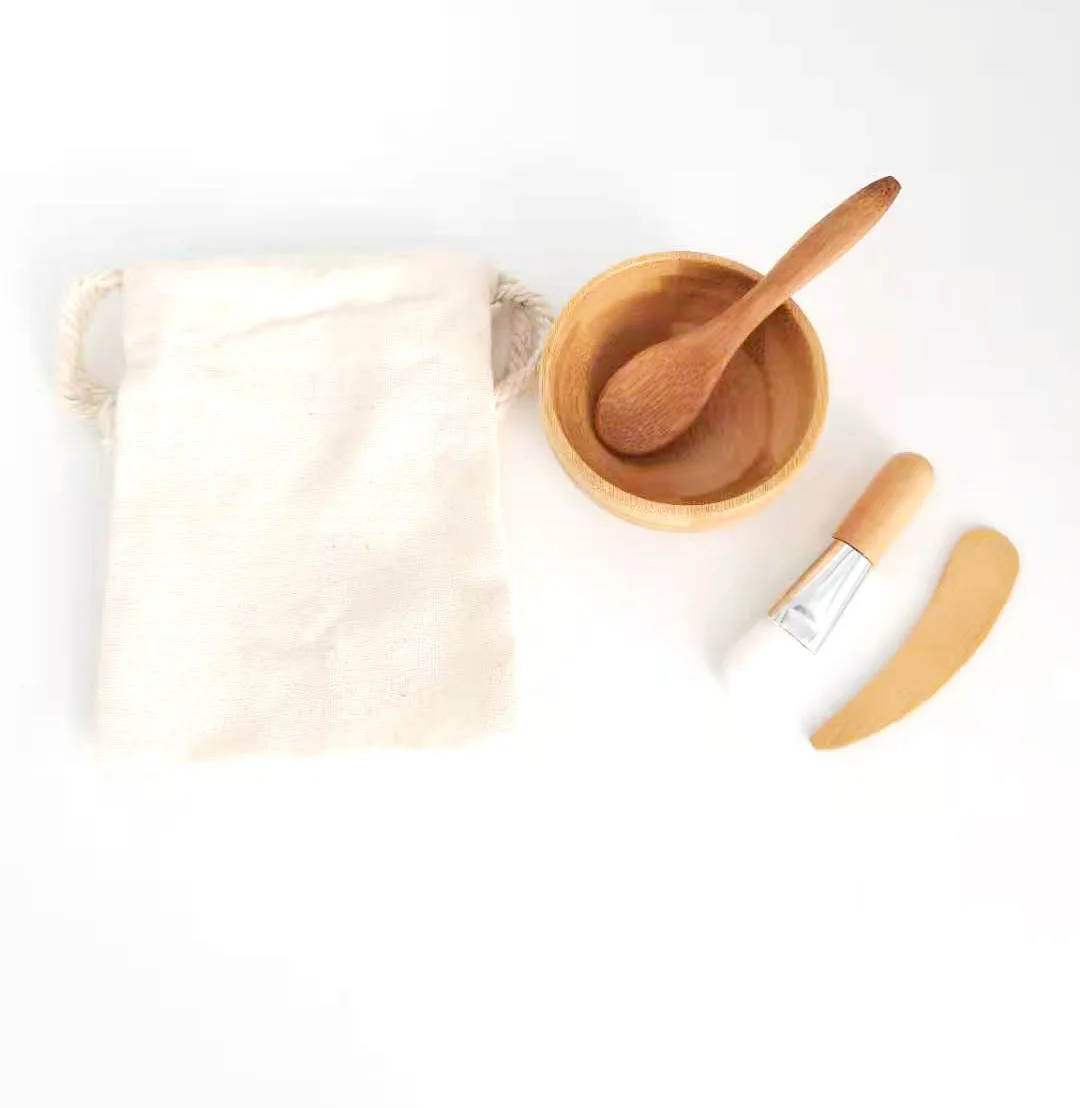 

New Designed Natural Small Mini Bamboo Makeup Bowl Cosmetic Bowl Spoon Spatula Brush Set With Cotton Bag, Natural bamboo color