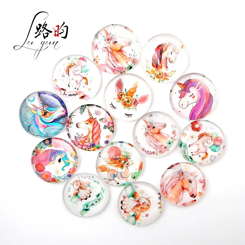 

Hot Sale 12 Pieces 30mm Cheap Glow Pink Unicorn Custom Glass Cabochon Magnet Stickers
