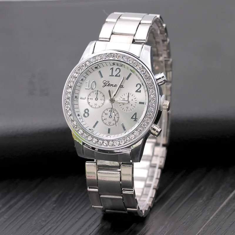 

High Quality Three-eye diamond alloy ladies watch, fork ear steel belt casual jewelry watch women wholesale, As pic