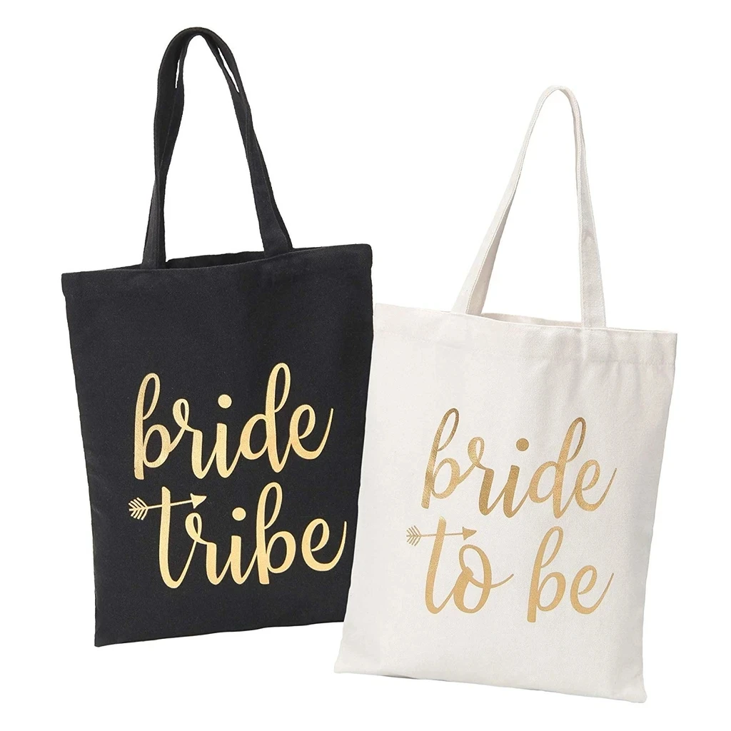 

Large Black Cotton Canvas Wedding Tote Bag For Bridesmaid-Team Bride, Black, white