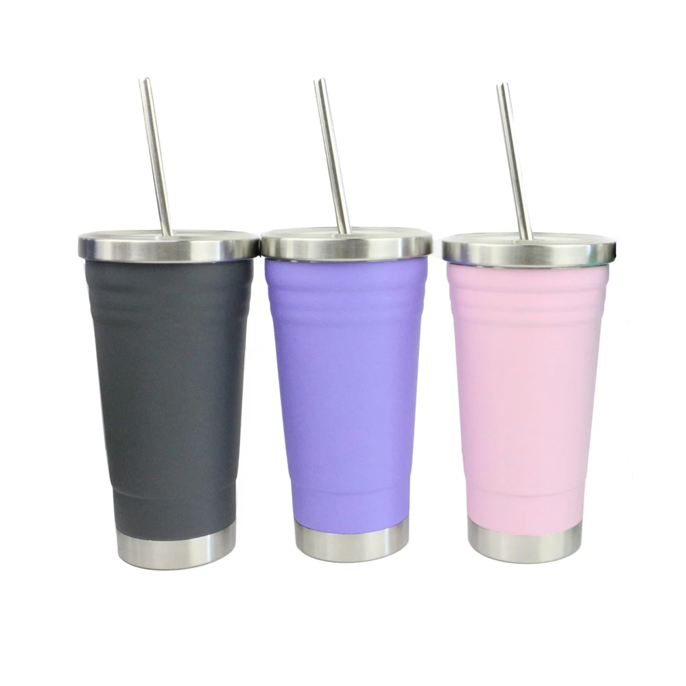 

16 oz Fashionable 18/8 Stainless Steel Double Wall Insulated Coffee Mug with Metal Straw, White, black