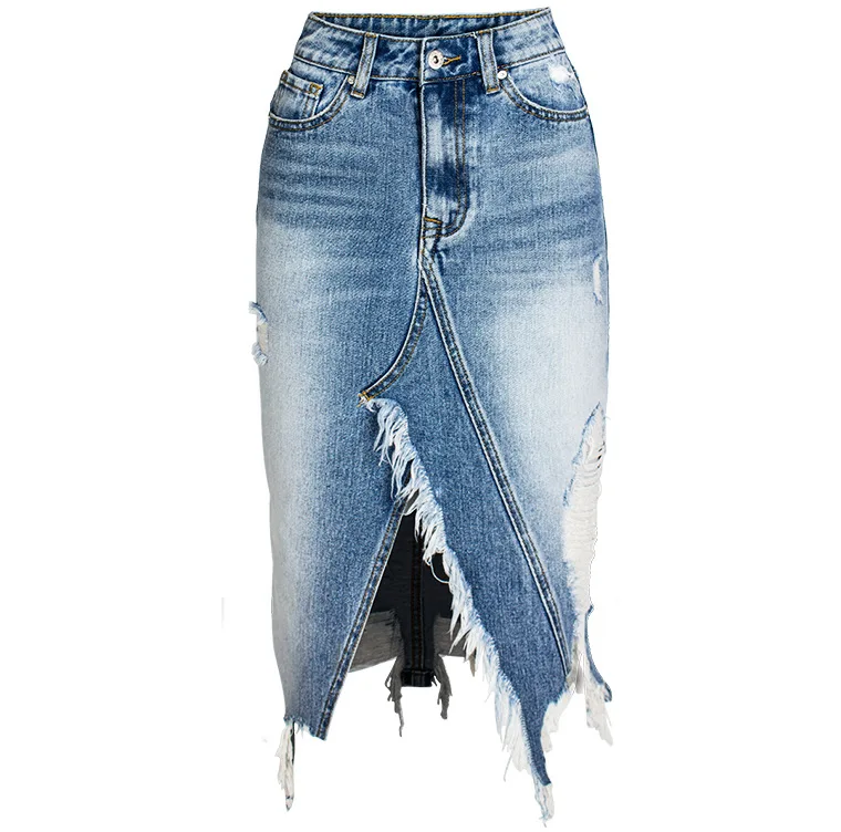 

The new women's clothes for summer fragmented jeans skirt with irregular fringes temperament commuter