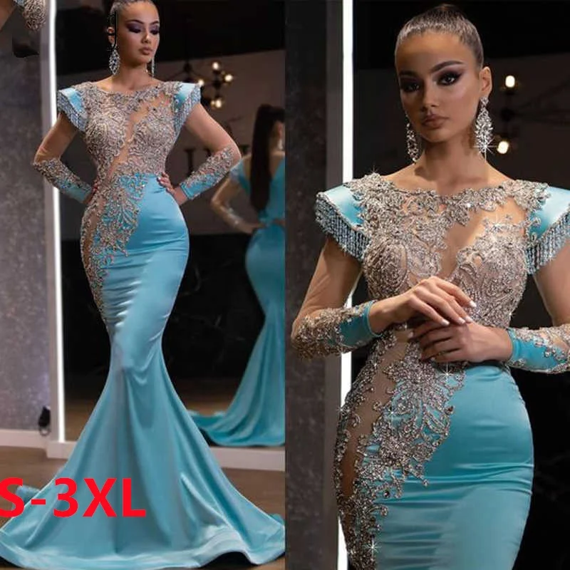 

Ladies Long Sleeve Sequins Party Dress For Women Sexy Sweep Blue 3XL Trailing Fishtail Evening Dresses, Customized color