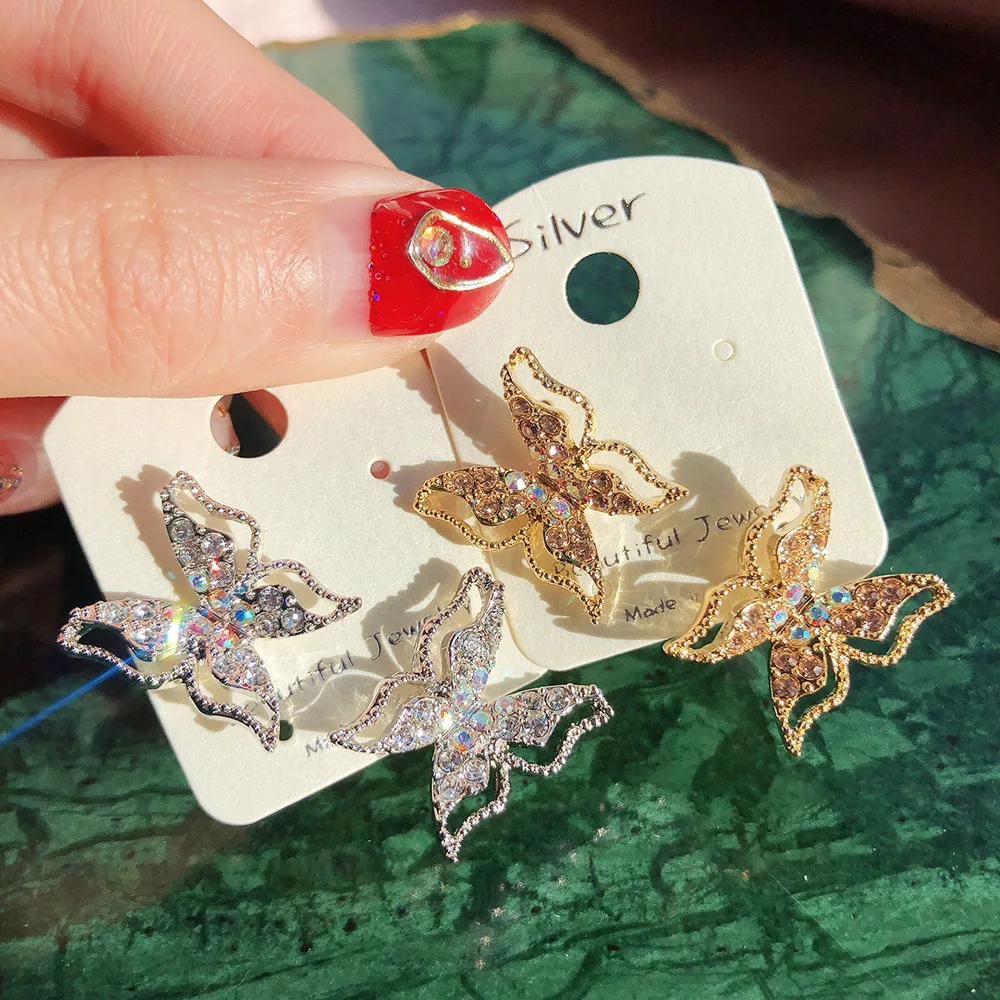 

925 Silver Needle Korean Trend Fashion Half Hollow Small Butterfly Earrings Simple with Diamond Earrings
