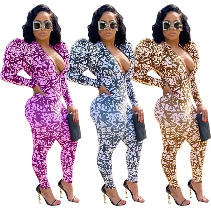 

B53660A Street fashion long sleeve western women printed jumpsuit, Shown