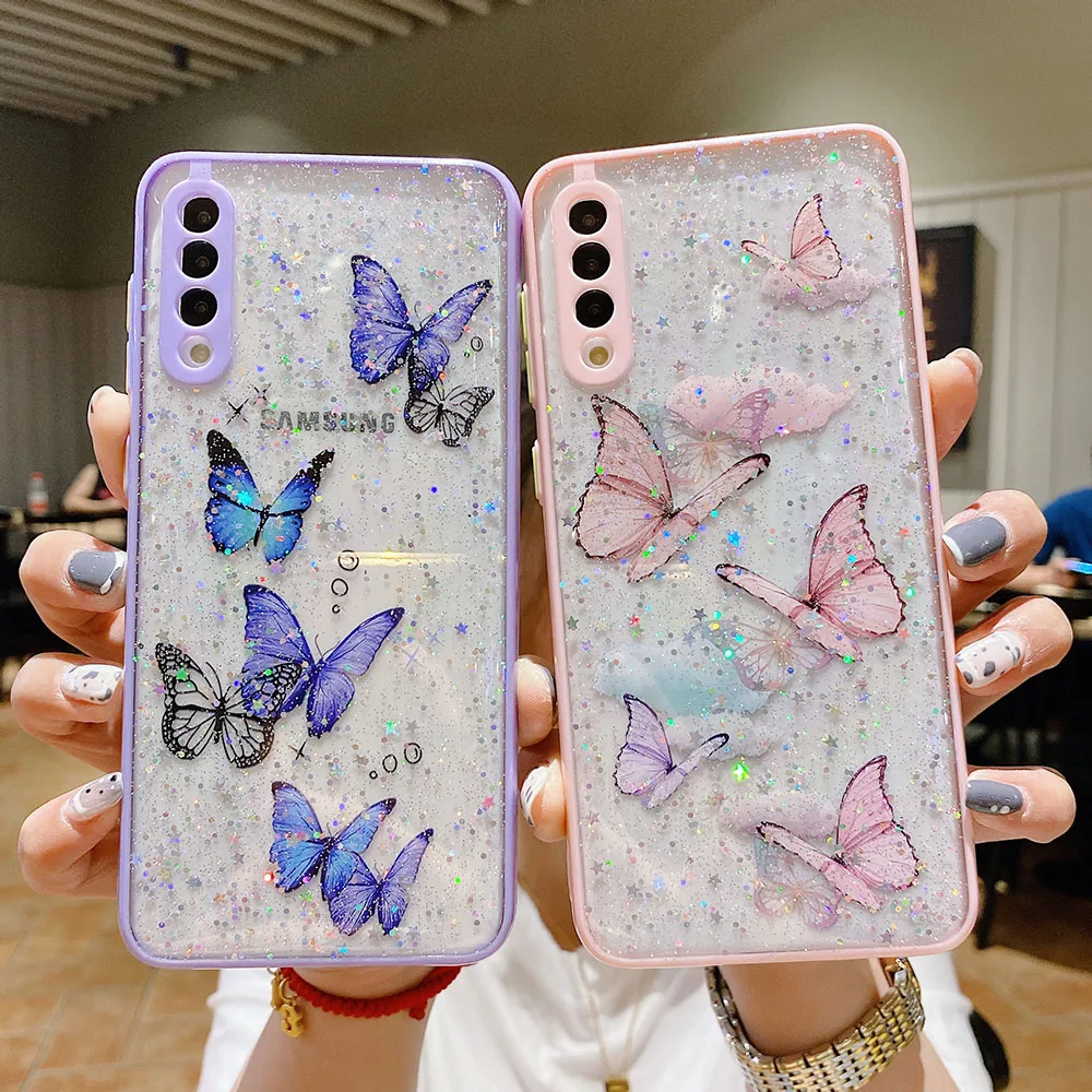 

Clear Glitter Butterfly Phone Case For Samsung A52 A72 A51 A71 A50 S21 Plus S20 FE Camera Protection Soft Epoxy Cover, Pink,purple